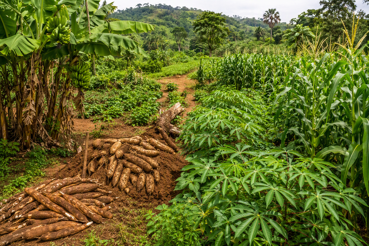 Cultures vivrières de manioc, maïs et banane plantain